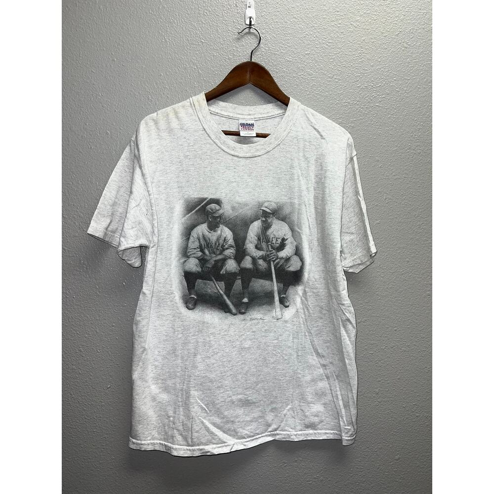 Vintage New York Yankees Shirt Picture Graphic Babe Ruth Art MLB Tee Large